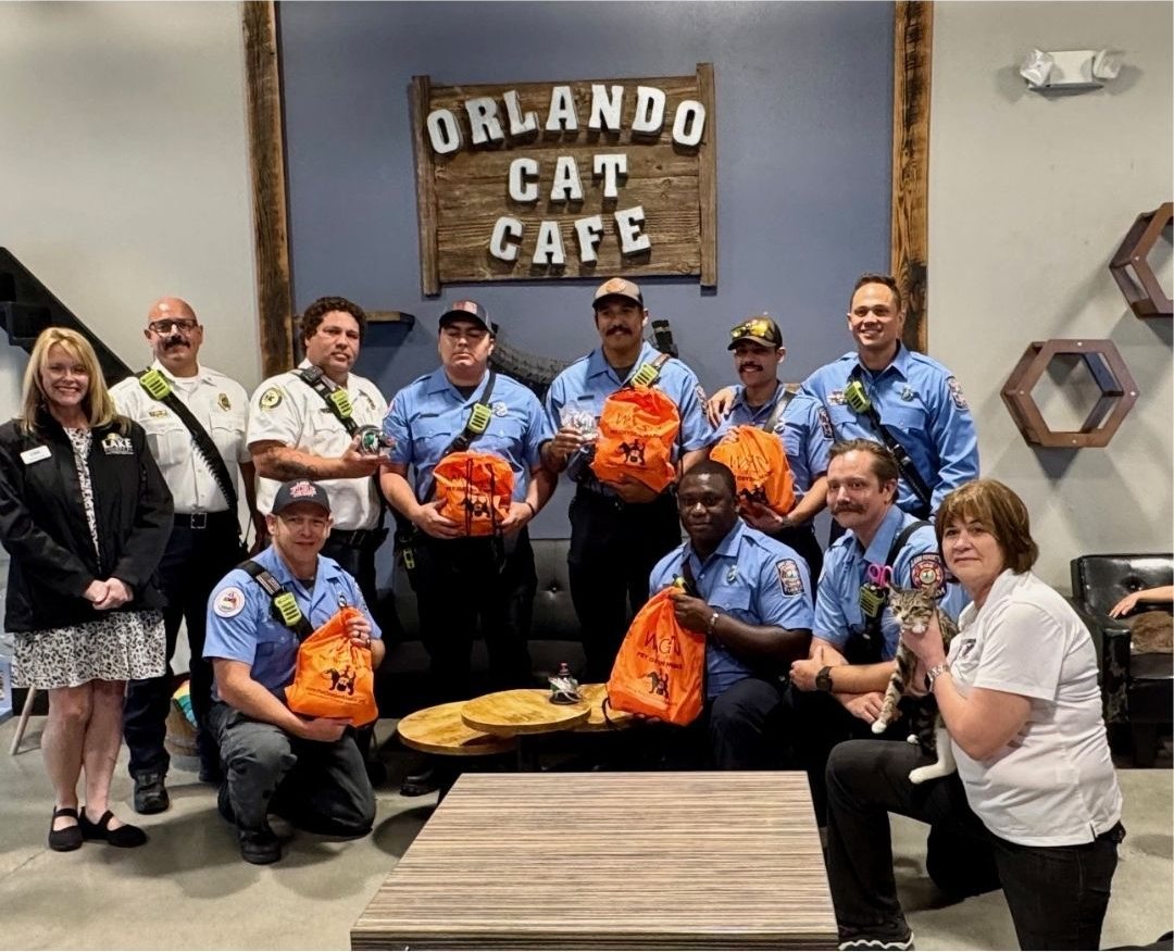 Local firefighters and café staff at a community event in the cat café